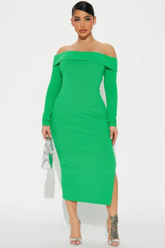 Stephie Off Shoulder Midi Dress - Green sold by Fashion Nova