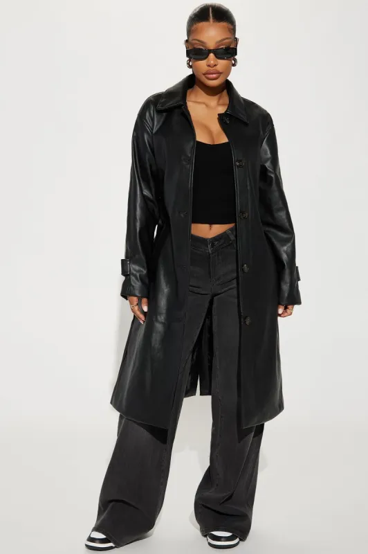 Bree Faux Leather Trench Coat - Black sold by Fashion Nova