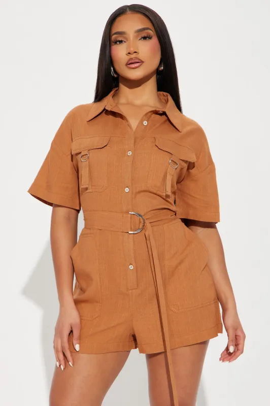 Not Letting Go Linen Romper - Cognac sold by Fashion Nova