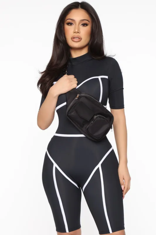 Diving And Dodging Romper - Black/White sold by Fashion Nova