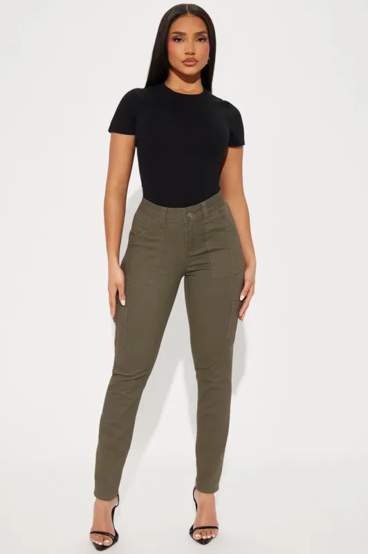 Leslie Cargo Skinny Pant - Olive sold by Fashion Nova