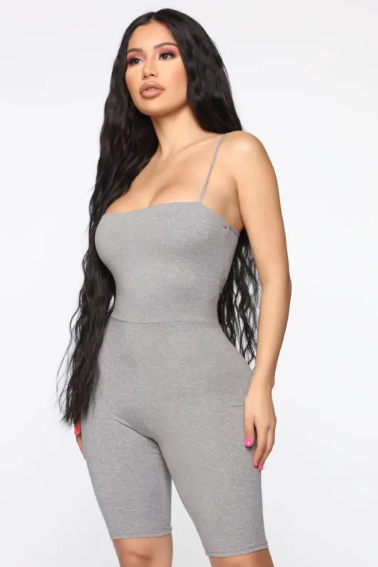 Switch Gears Biker Romper - Heather Grey sold by Fashion Nova