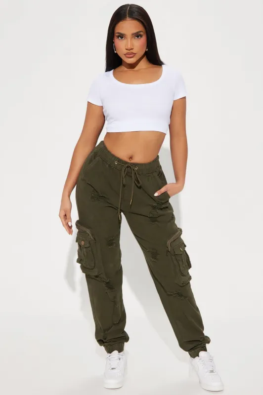 Who's That Girl Distressed Cargo Jogger - Olive sold by Fashion Nova
