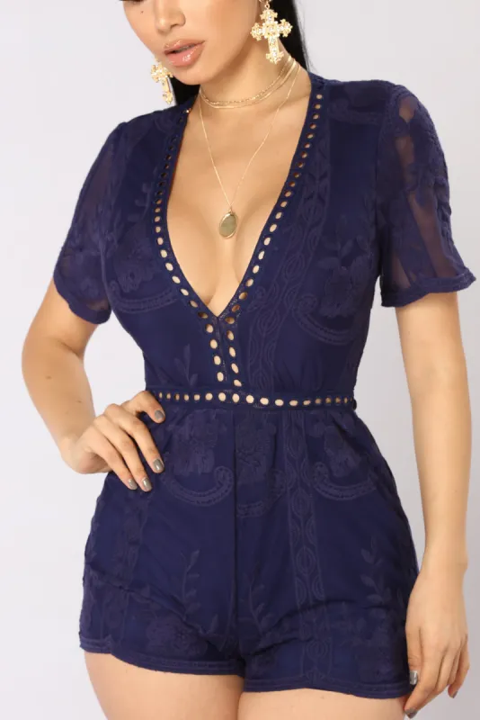 Set My Eyes On You Lace Romper - Navy sold by Fashion Nova