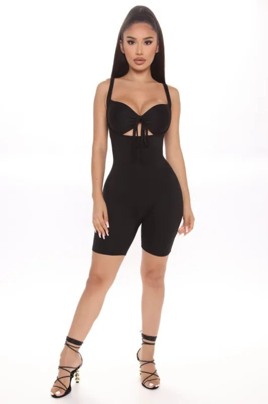 No Attachments Biker Short Romper - Black sold by Fashion Nova