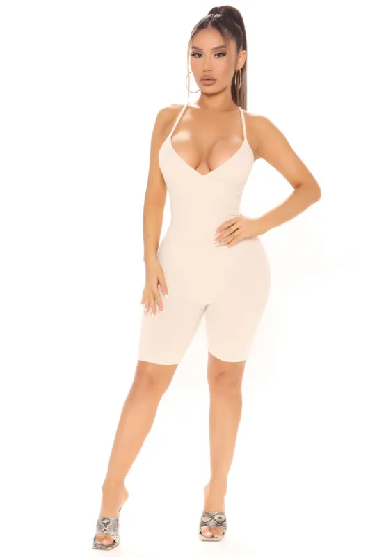 Live Fast Rib Romper - Oatmeal sold by Fashion Nova