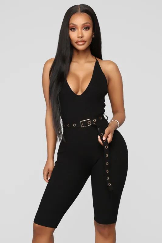 Show Me How To Love Biker Romper - Black sold by Fashion Nova