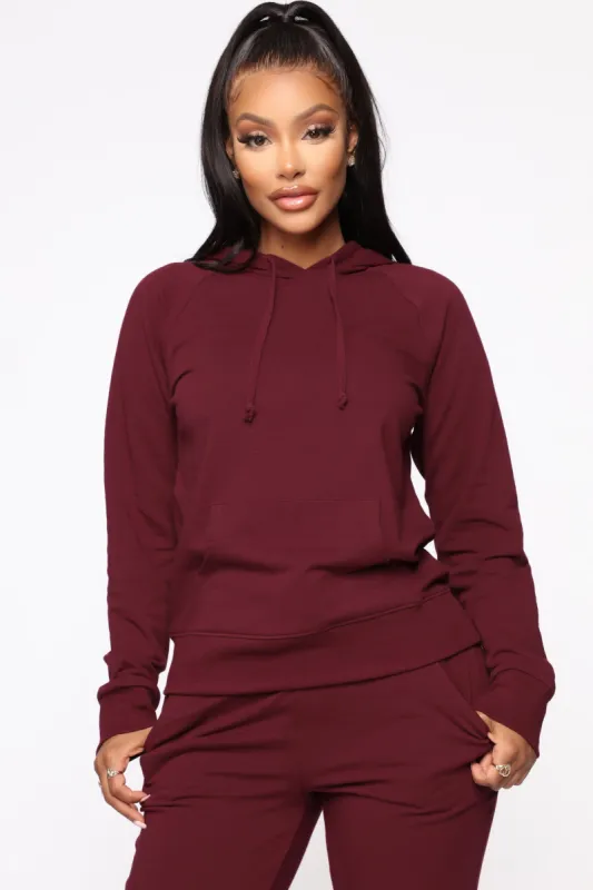 Latest And Greatest French Terry Hoodie - Burgundy sold by Fashion Nova