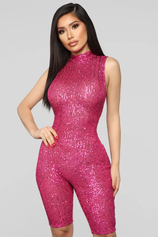 Speed Of Light Sequin Romper - Fuchsia sold by Fashion Nova