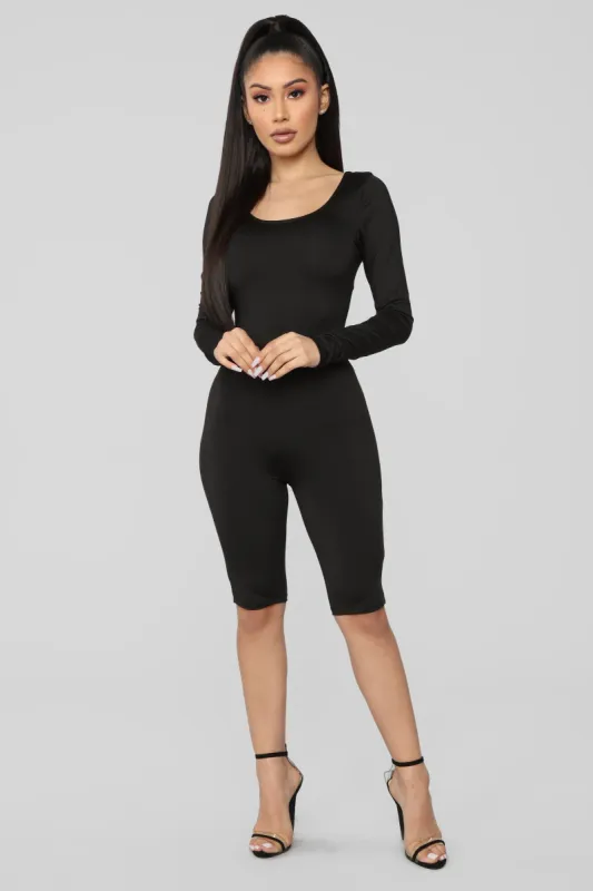 Don't Want Your Heart Biker Short Romper - Black sold by Fashion Nova