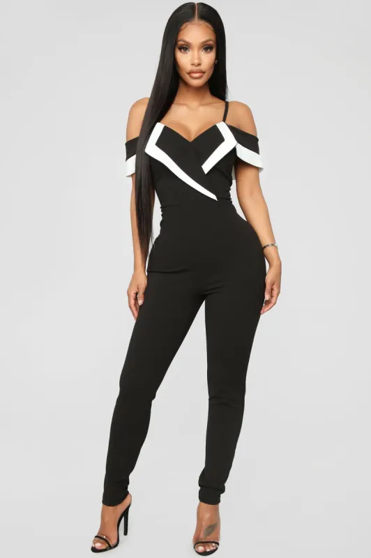 Isidora Off Shoulder Jumpsuit - Black/White sold by Fashion Nova