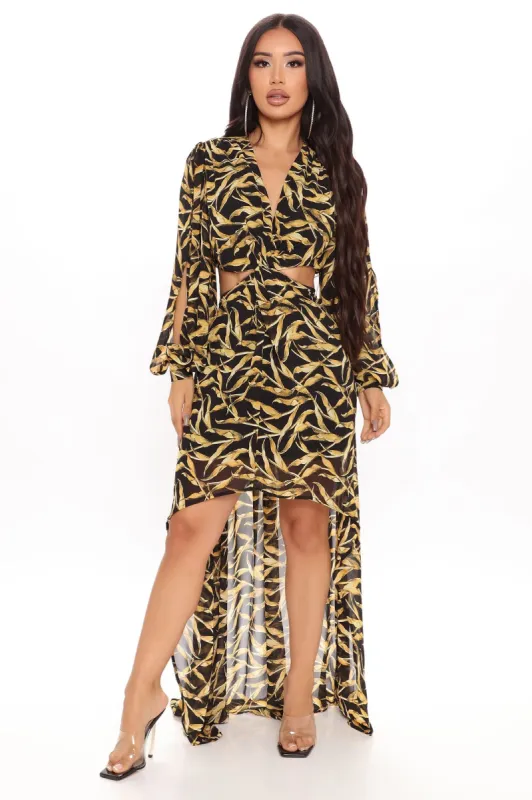 Sunset Dinner Printed Maxi Dress - Black/Yellow sold by Fashion Nova