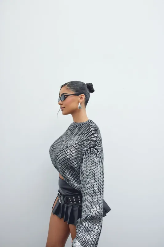 Holiday In Metallic Sweater - Gunmetal sold by Fashion Nova