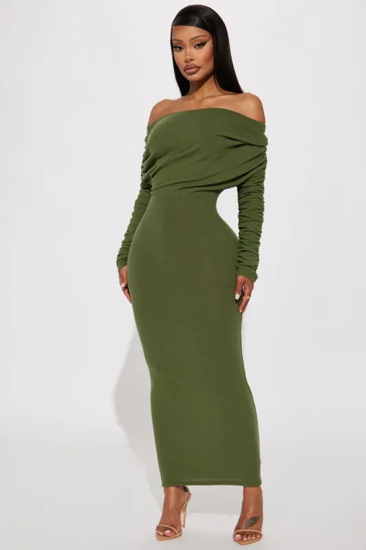 Yasmine Off Shoulder Sweater Maxi Dress - Green sold by Fashion Nova