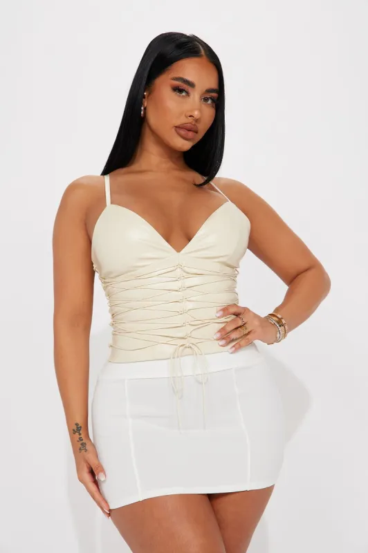 You'll Love It Here Lace Up Corset Top - Tan sold by Fashion Nova