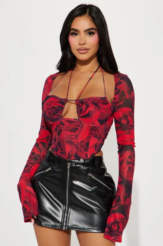 Miranda Mesh Floral Corset Top - Red/combo sold by Fashion Nova