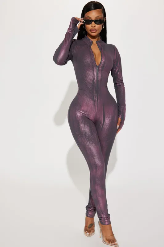 Caught Up Metallic Jumpsuit - Charcoal/combo sold by Fashion Nova