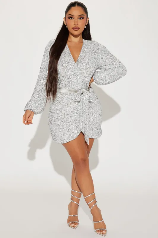 Wrap It Up Sequin Mini Dress - Silver sold by Fashion Nova