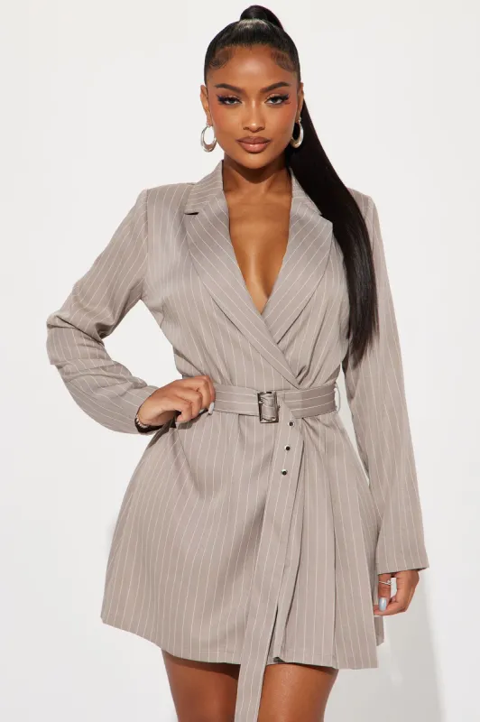 She Is The Boss Pinstripe Blazer Dress - Taupe sold by Fashion Nova
