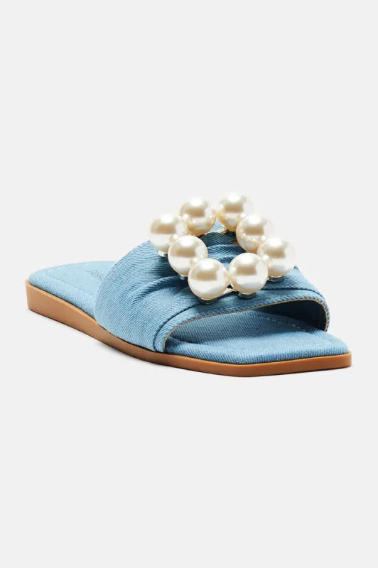 Pretty Pearls Flat Sandals - Denim sold by Fashion Nova