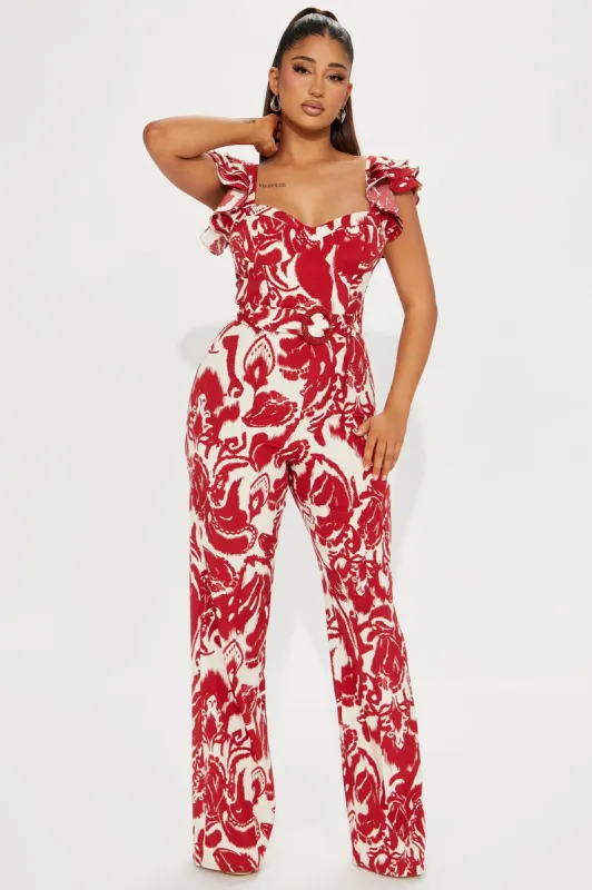 Tulum Sunsets Jumpsuit - Red/combo sold by Fashion Nova