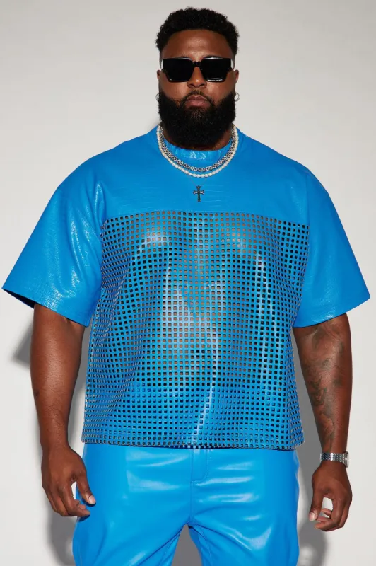 Gotta Run Faux Crocodile Leather Mesh Oversized Tee - Blue sold by Fashion Nova