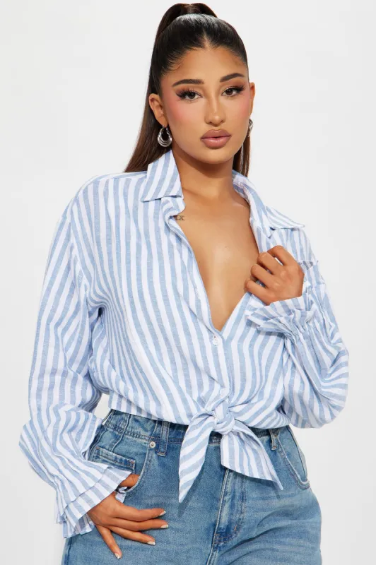 Easy Breezy Striped Linen Shirt - White/Blue sold by Fashion Nova