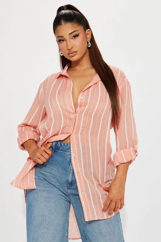 Ventura Striped Linen Shirt - Coral/combo sold by Fashion Nova