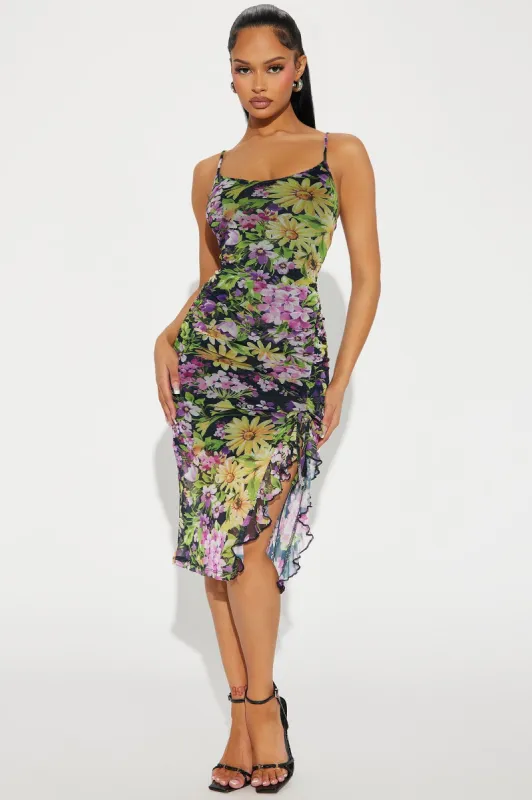 Kayla Floral Mesh Midi Dress - Black/combo sold by Fashion Nova