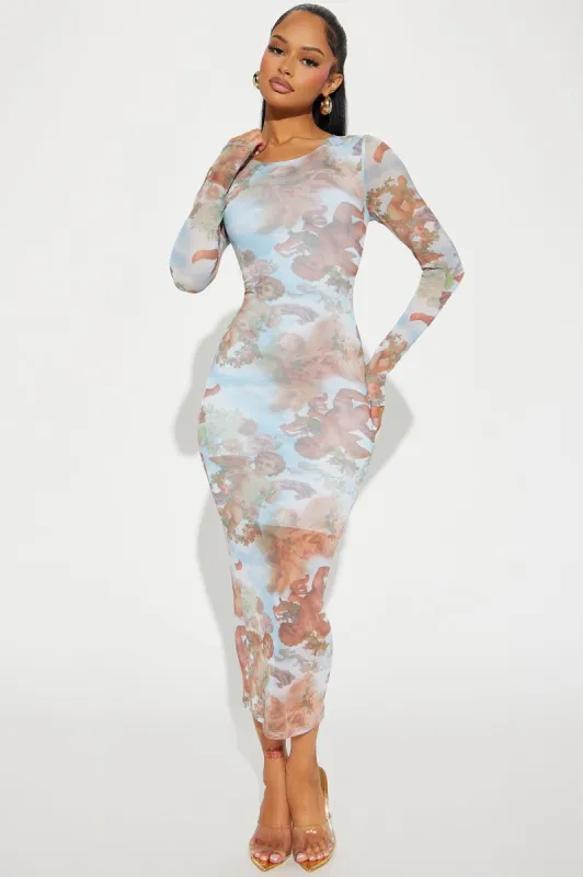 Cupids Kiss Mesh Maxi Dress - Blue/combo sold by Fashion Nova