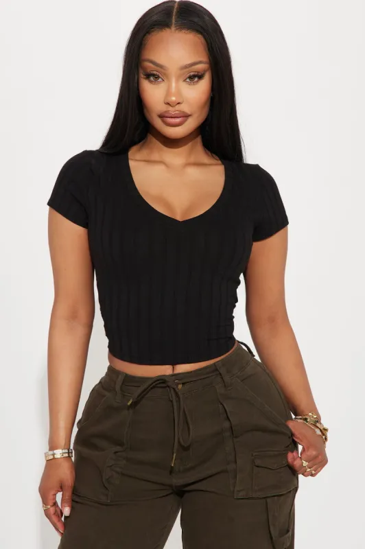 Valeria V-Neck Ribbed Tee - Black sold by Fashion Nova