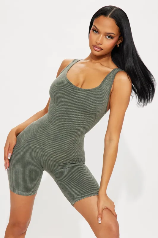 Nikole Mineral Wash Seamless Romper - Olive sold by Fashion Nova