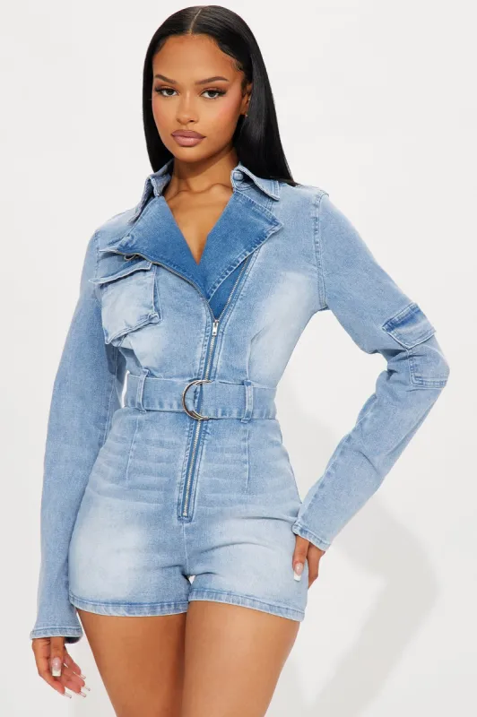 One Step At A Time Denim Romper - Light Wash sold by Fashion Nova