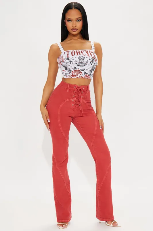 Left On Read Lace Up Bootcut Jeans - Rust sold by Fashion Nova