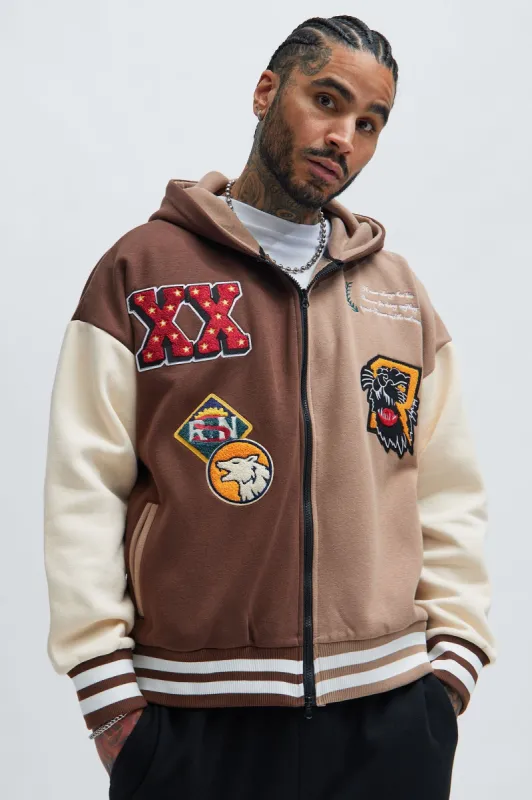 XX Varsity Zip Up Hoodie - Brown sold by Fashion Nova