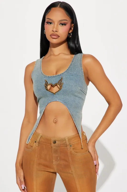 Flaming Heart Washed Denim Top - Medium Wash sold by Fashion Nova