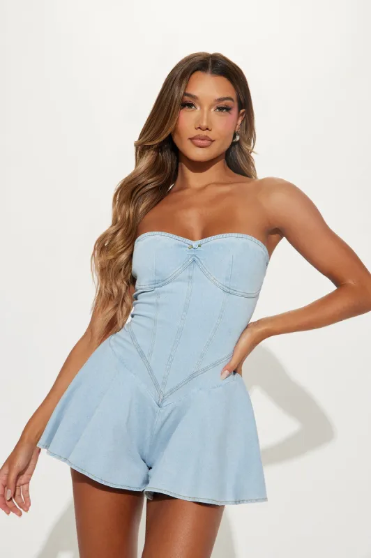Little Miss Perfect Denim Romper - Light Wash sold by Fashion Nova