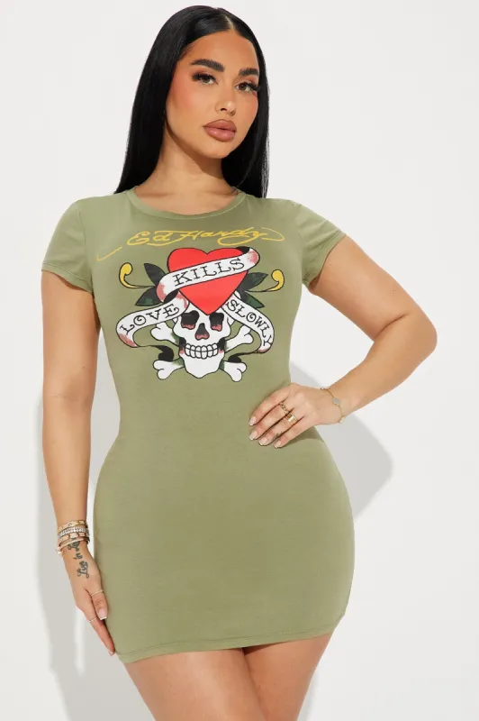 Ed Hardy Skull T Shirt Mini Dress - Olive sold by Fashion Nova