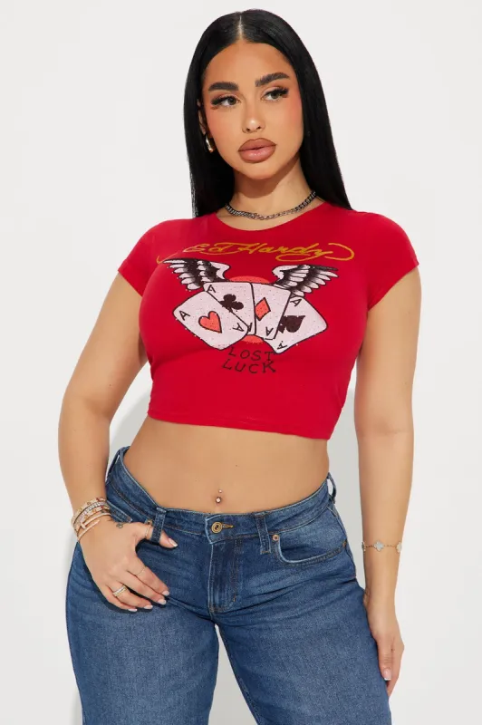 Ed Hardy Aces Rhinestone Baby Tee - Red sold by Fashion Nova