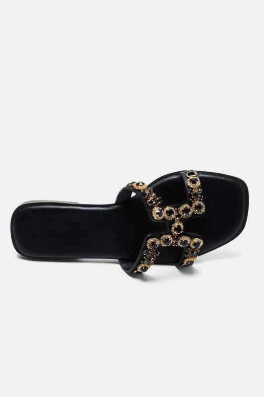 You'll Come Around Embellised Flat Sandals - Black sold by Fashion Nova