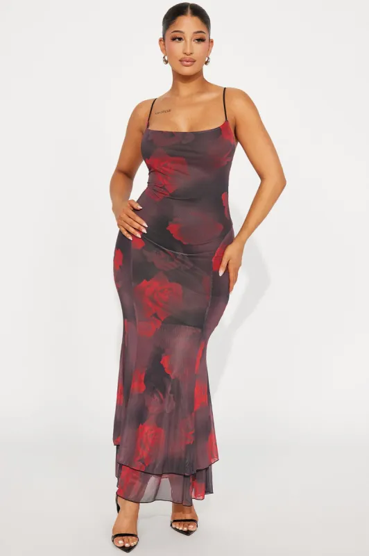 Ryleigh Printed Mesh Maxi Dress - Burgundy sold by Fashion Nova