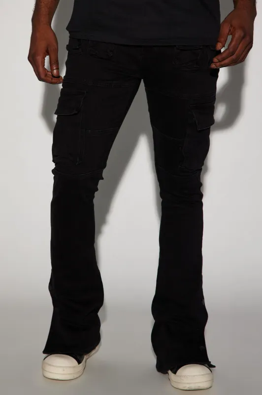 Snap At It Cargo Stacked Skinny Flare Jeans - Black sold by Fashion Nova