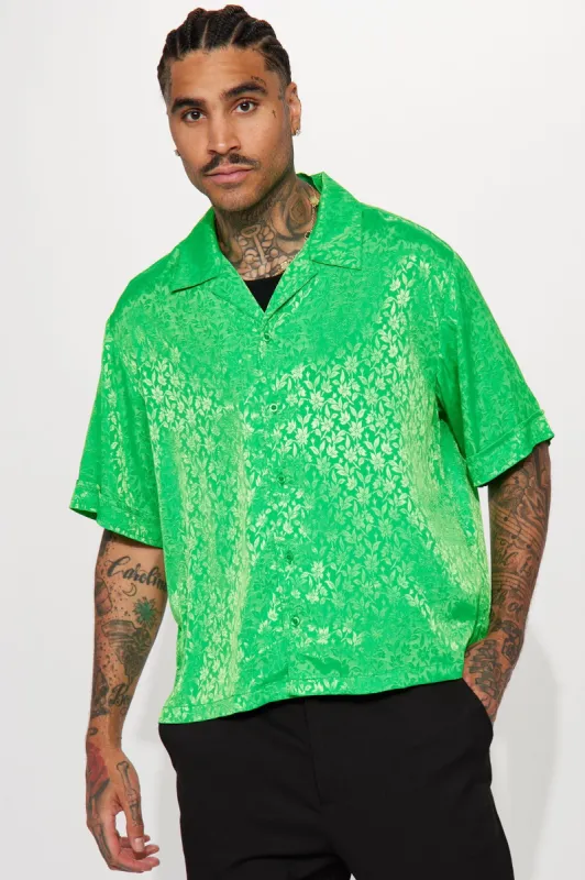 Feel The Gleam Short Sleeve Button Up - Green sold by Fashion Nova