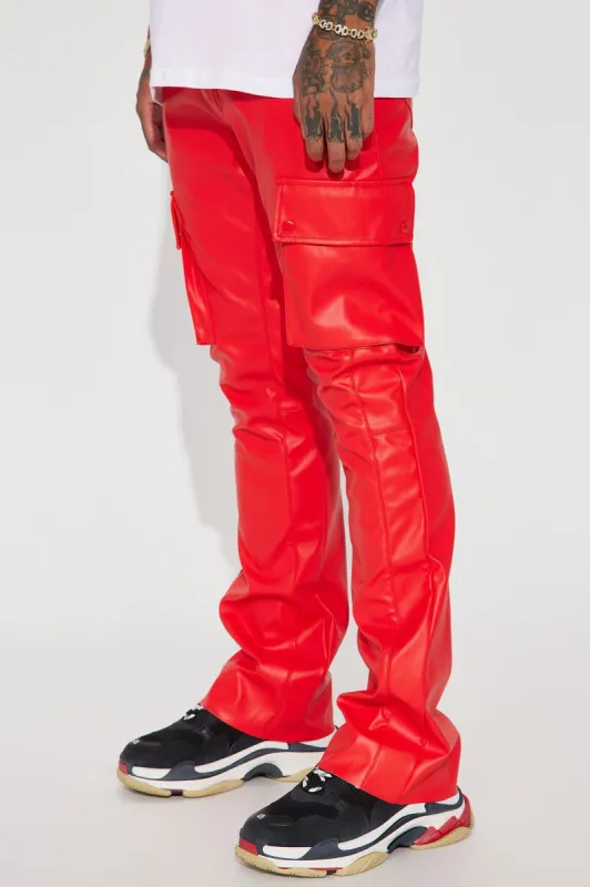 Finest Faux Leather Cargo Flare Pants - Red sold by Fashion Nova