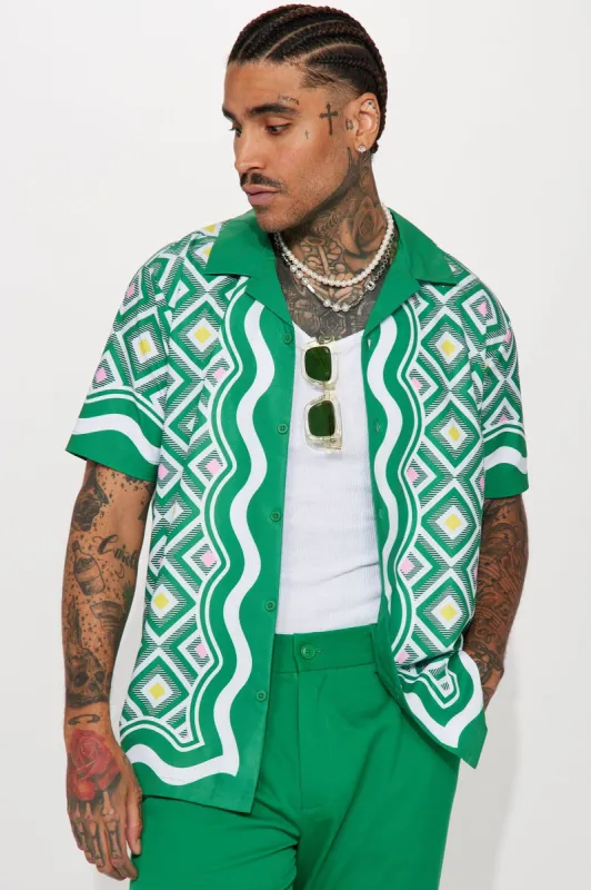 Symmetrical Short Sleeve Button Up Shirt - Green/combo sold by Fashion Nova