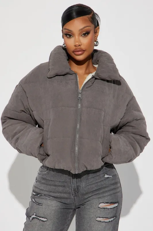 Too Hot To Handle Puffer Jacket - Grey sold by Fashion Nova