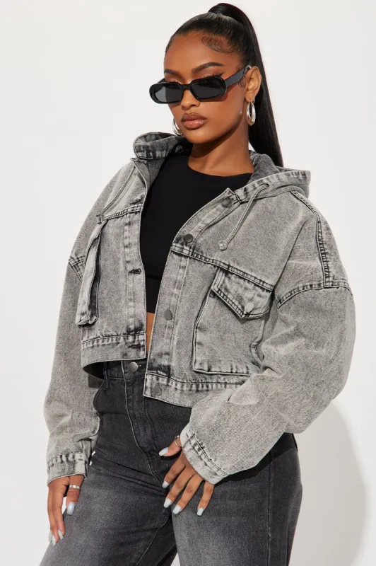 No Explanation Hooded Denim Jacket - Acid Wash Grey sold by Fashion Nova