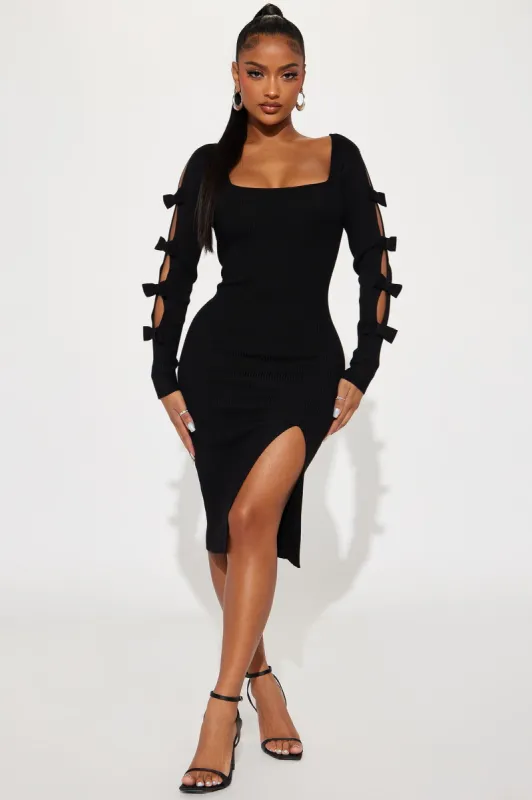 Cute As A Bow Ribbed Midi Dress - Black sold by Fashion Nova