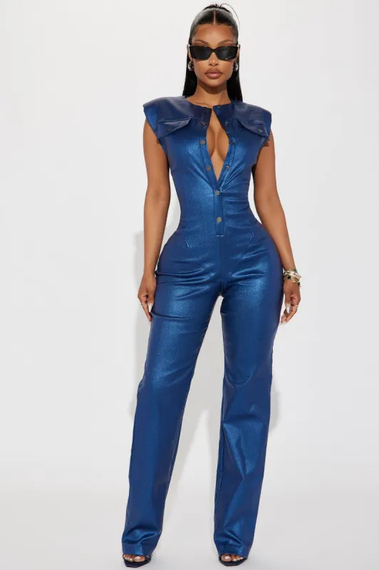 Guest List Metallic Jumpsuit - Blue sold by Fashion Nova
