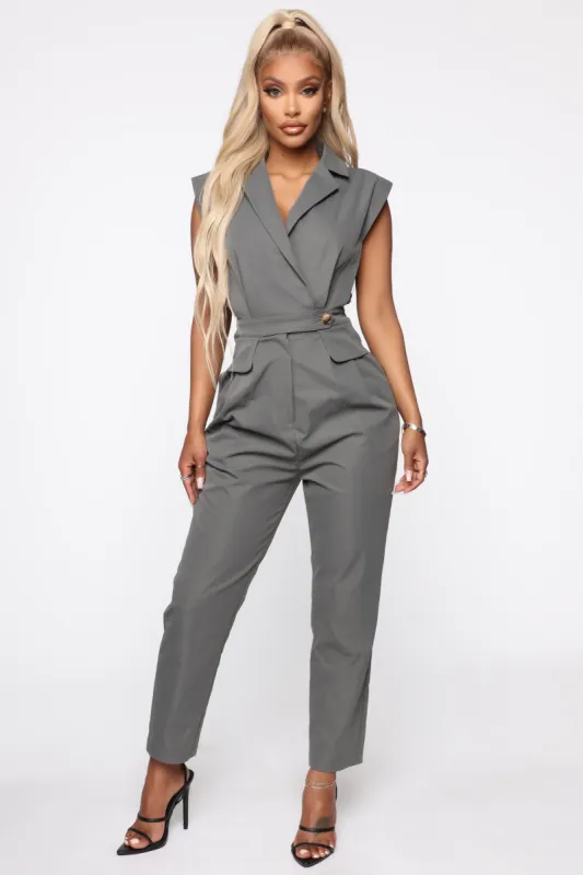 Places To Be Sleeveless Jumpsuit - Dark Grey sold by Fashion Nova